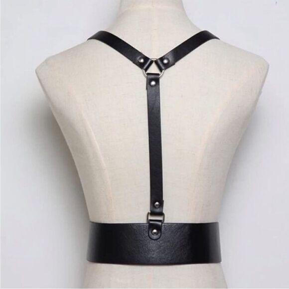 Harness Belt Black Leather Goth Rave Adjustable - Picture 3 of 4